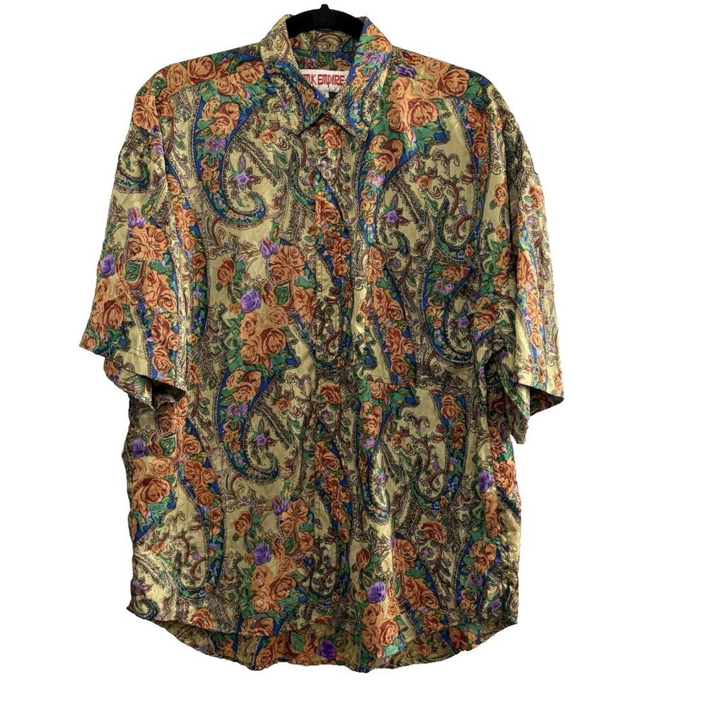 SILK‎ EMPIRE Women Blouse Button Front Short Sleeve Sz M Multicolor Paisley 9-9